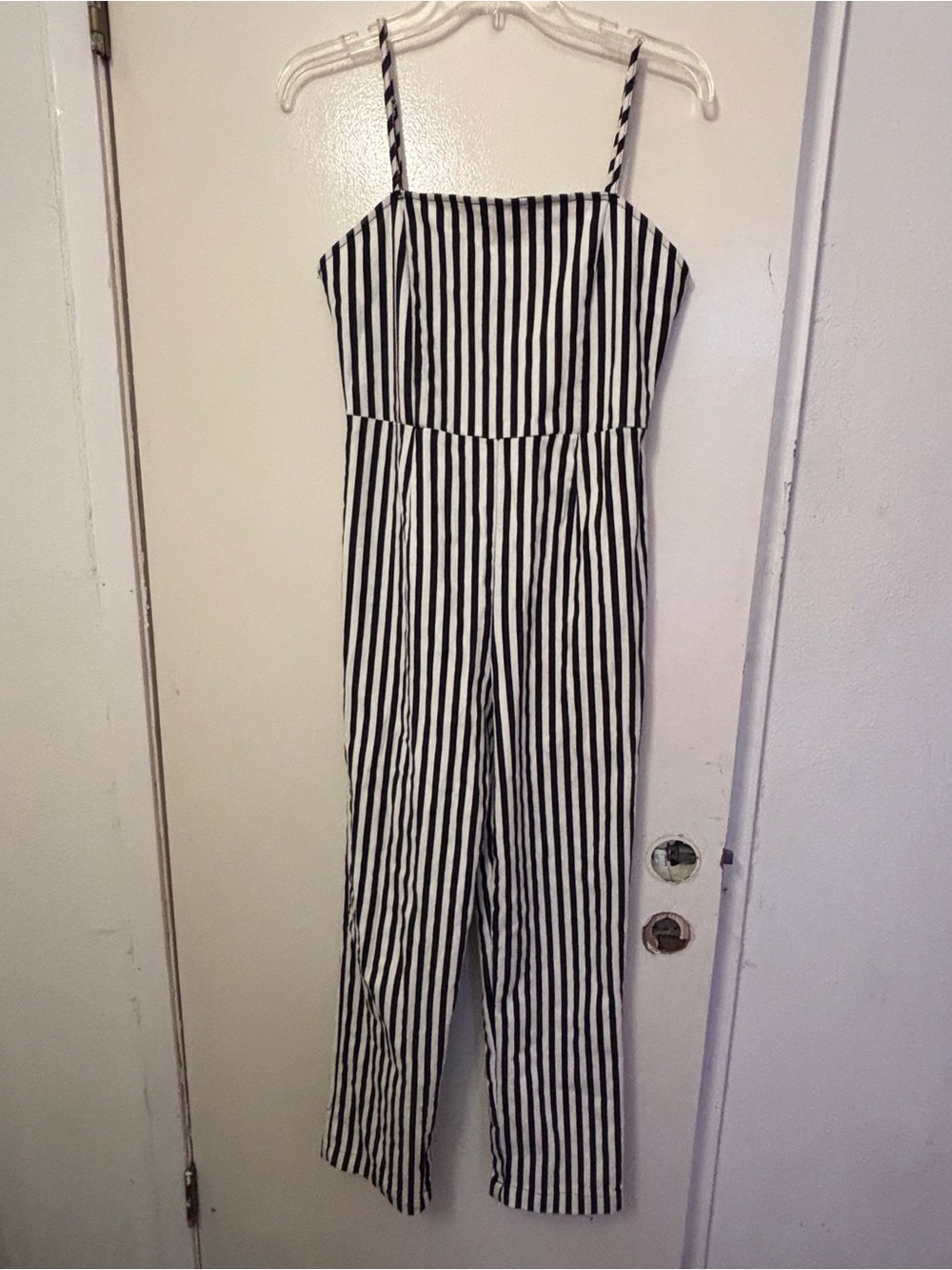 Urban Outfitters Black and White Vertical Stripe Spaghetti‑Strap Jumpsuit